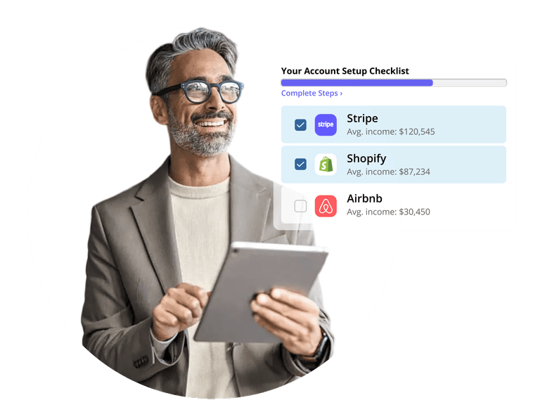 Business owner completing an account setup checklist that links Stripe, Shopify, and Airbnb income