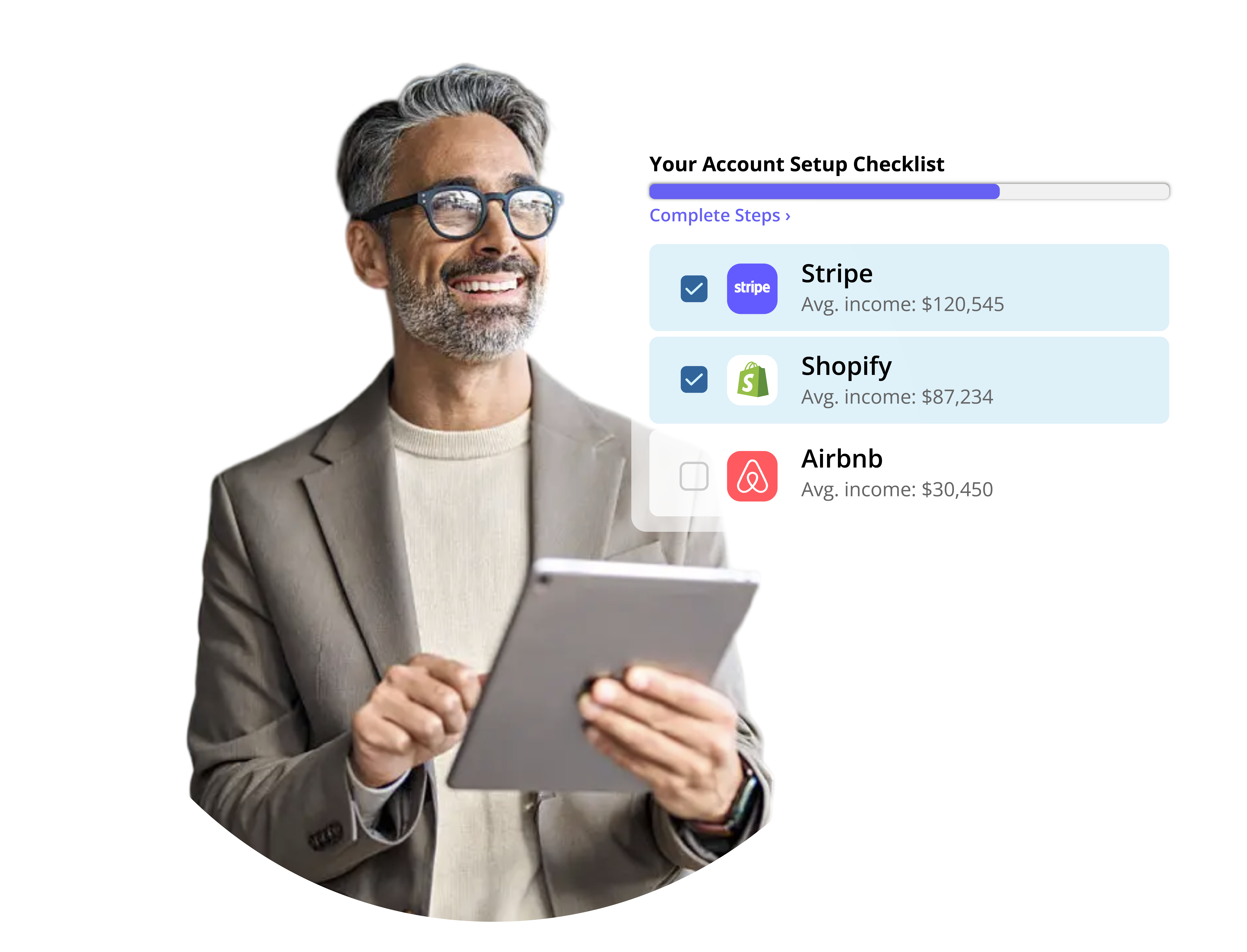 Business owner completing an account setup checklist that links Stripe, Shopify, and Airbnb income