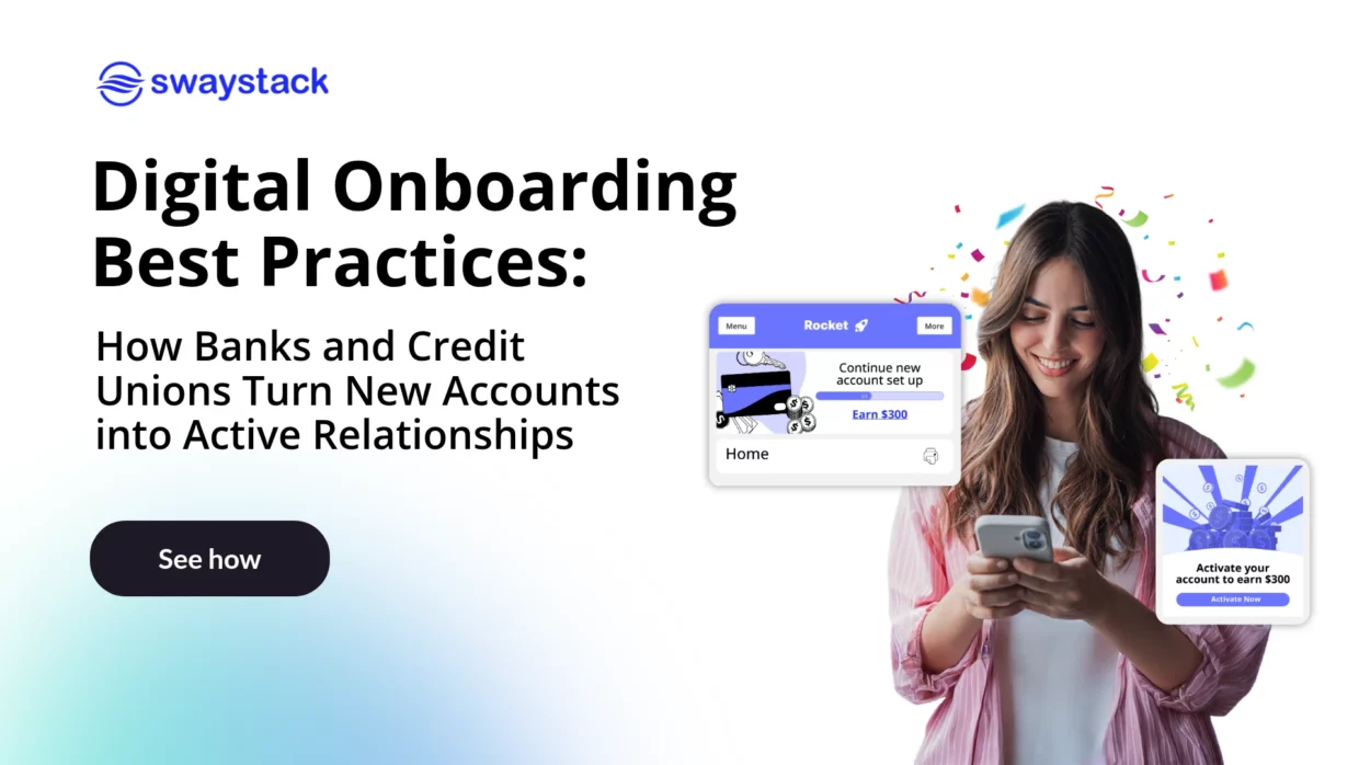 Digital onboarding best practices for banks and credit unions, featuring a mobile banking onboarding journey with personalized activation prompts and account engagement experiences.